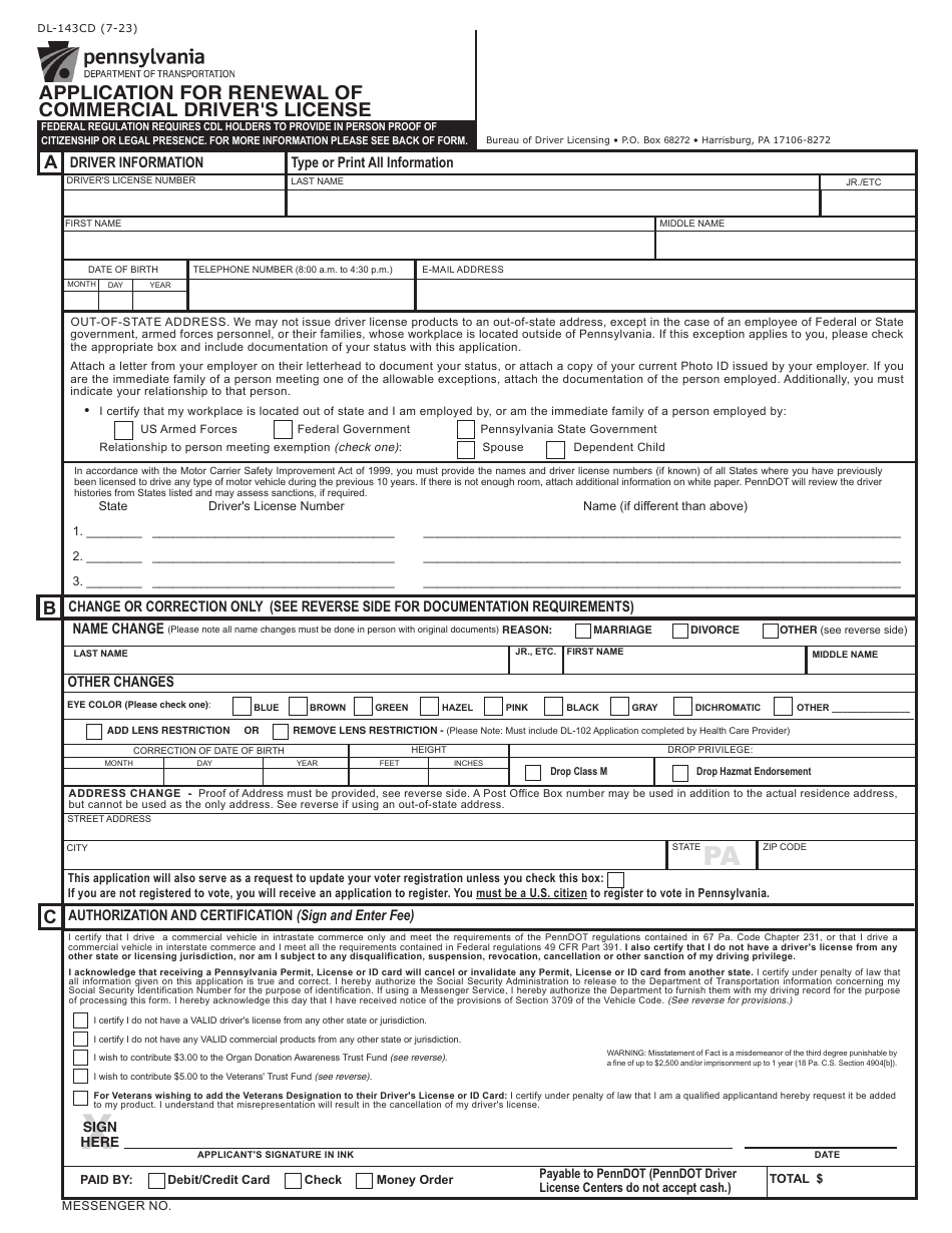 Form DL-143CD Application for Renewal of Commercial Drivers License - Pennsylvania, Page 1