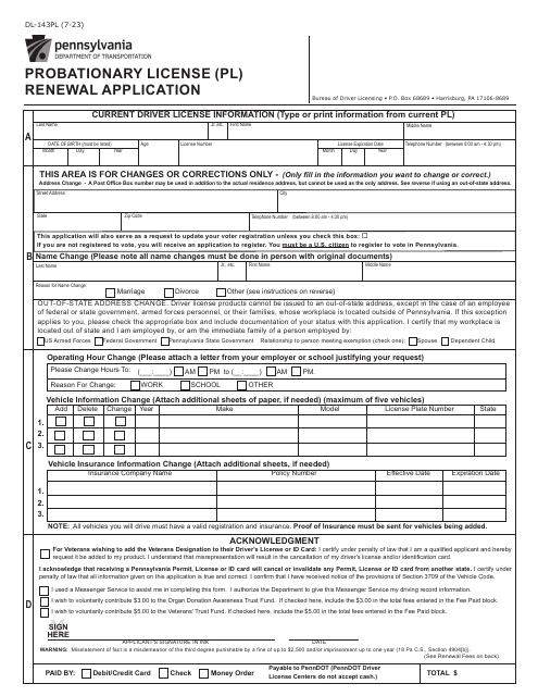 Form DL-143PL Probationary License (Pl) Renewal Application - Pennsylvania