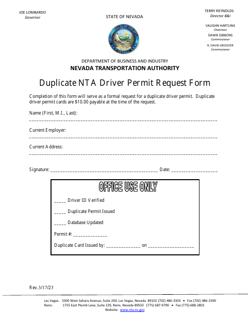 Duplicate Nta Driver Permit Request Form - Nevada Download Pdf