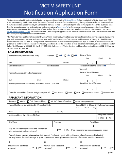 Notification Application Form - Victim Safety Unit - British Columbia, Canada