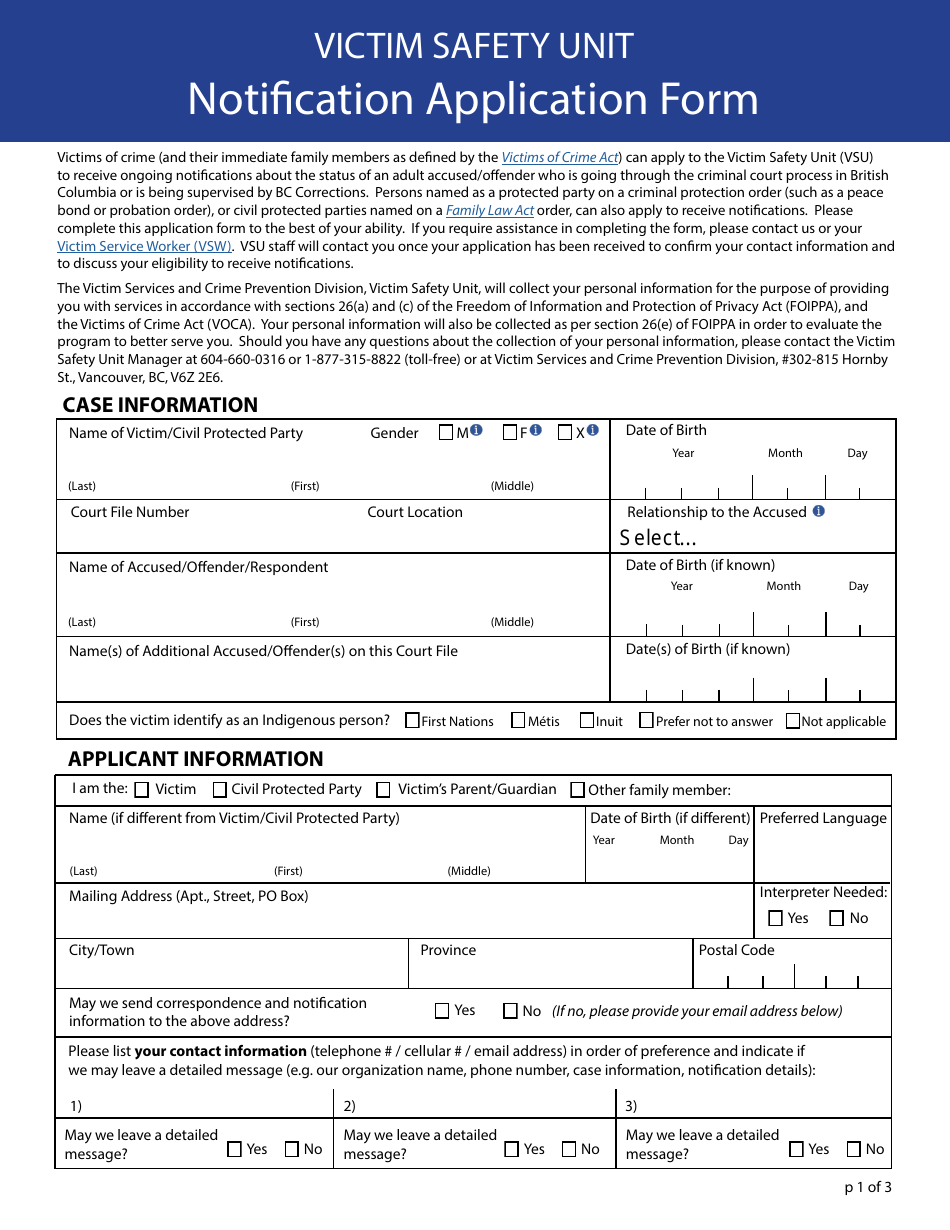 Notification Application Form - Victim Safety Unit - British Columbia, Canada, Page 1