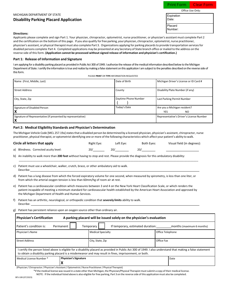 Form BFS-108 Disability Parking Placard Application - Michigan, Page 1