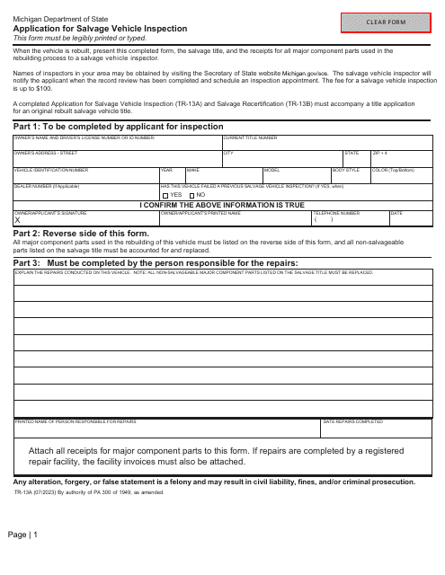 Form TR-13A Application for Salvage Vehicle Inspection - Michigan