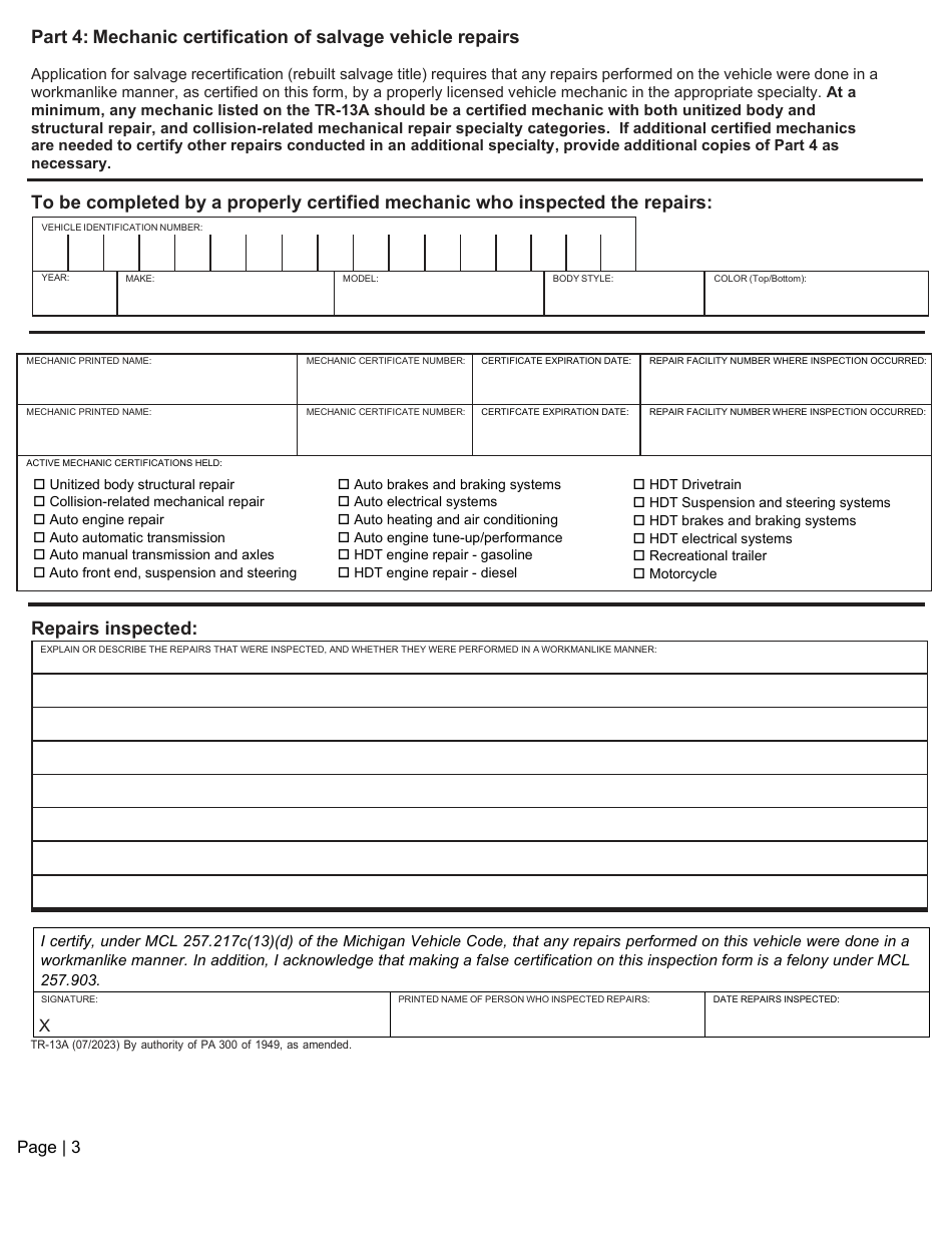 Form TR-13A Application for Salvage Vehicle Inspection - Michigan, Page 3