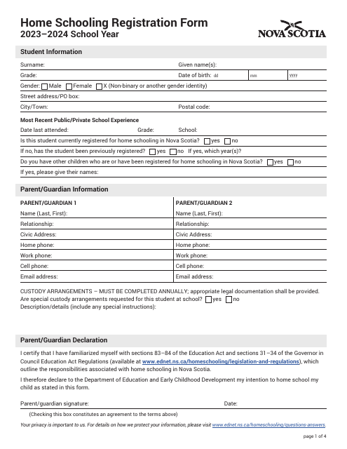 Home Schooling Registration Form - Nova Scotia, Canada, 2024