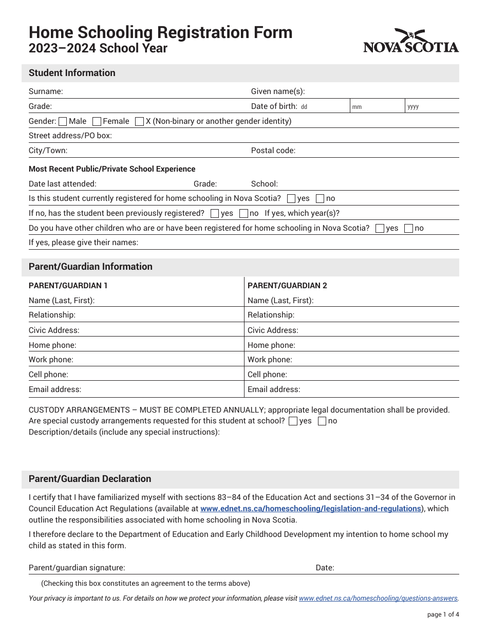 Home Schooling Registration Form - Nova Scotia, Canada, Page 1