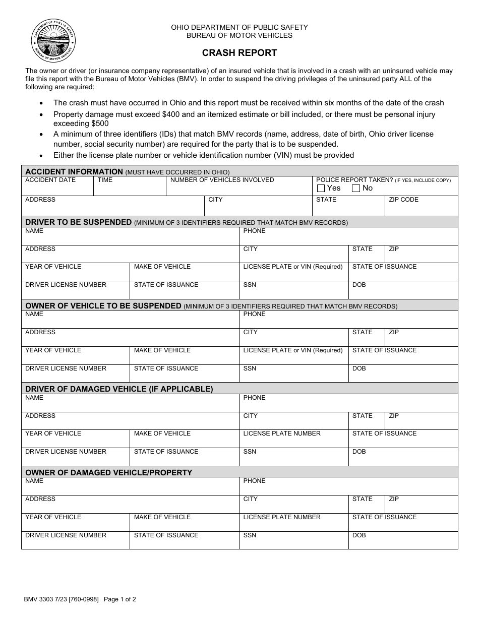 Form BMV3303 Crash Report - Ohio, Page 1