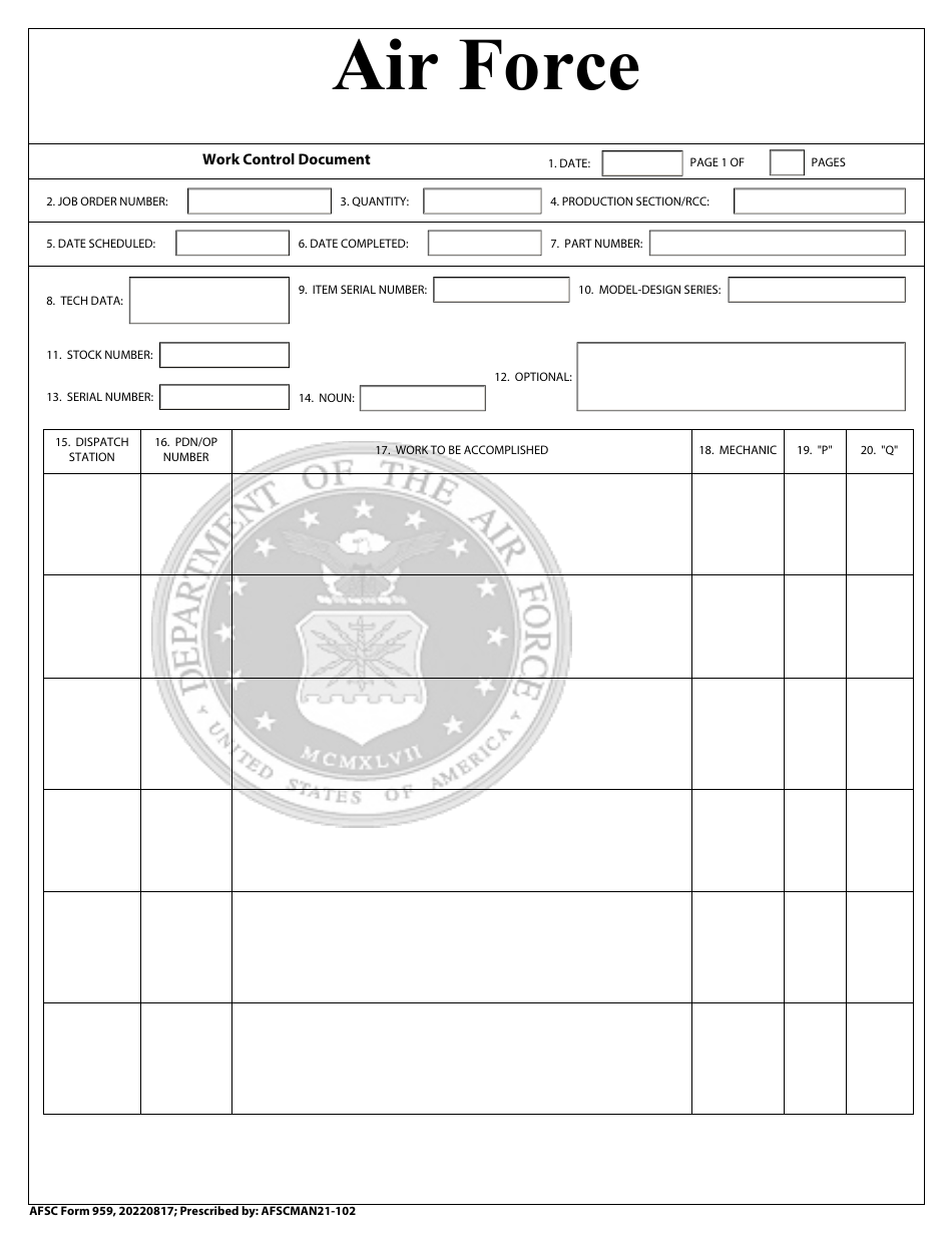 AFSC Form 959 Air Force - Work Control Document, Page 1