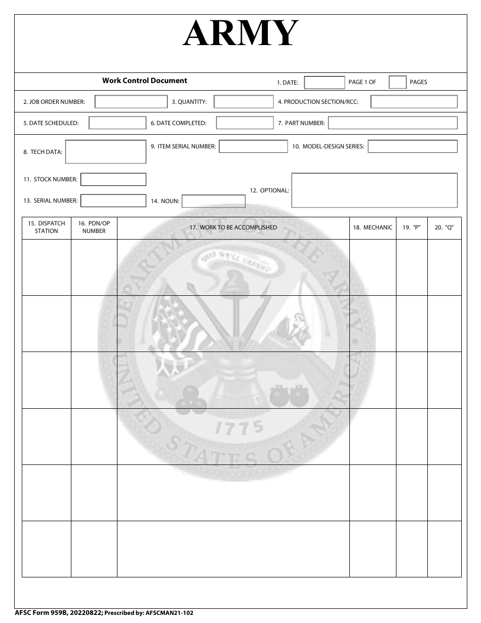 AFSC Form 959B Army - Work Control Document, Page 1