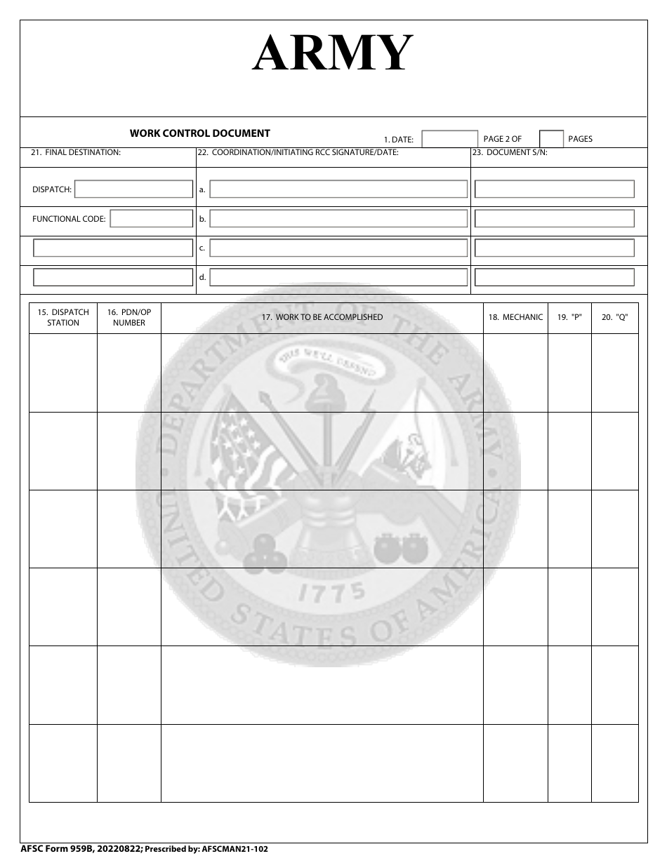 AFSC Form 959B Army - Work Control Document, Page 2
