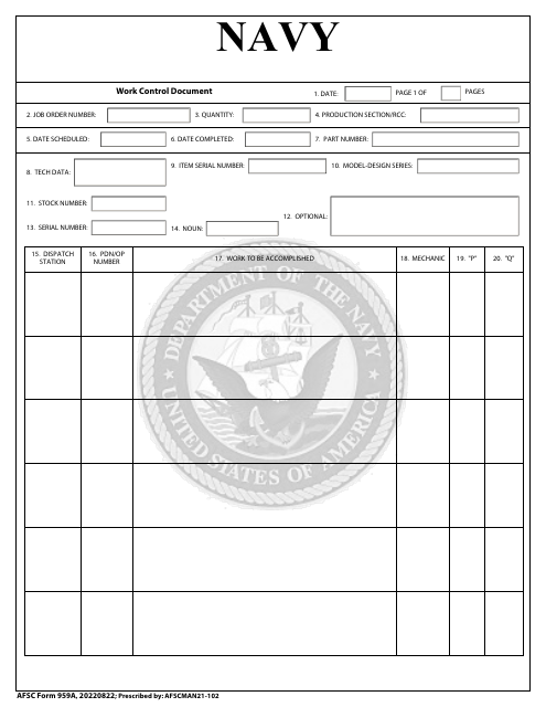 AFSC Form 959A Navy - Work Control Document