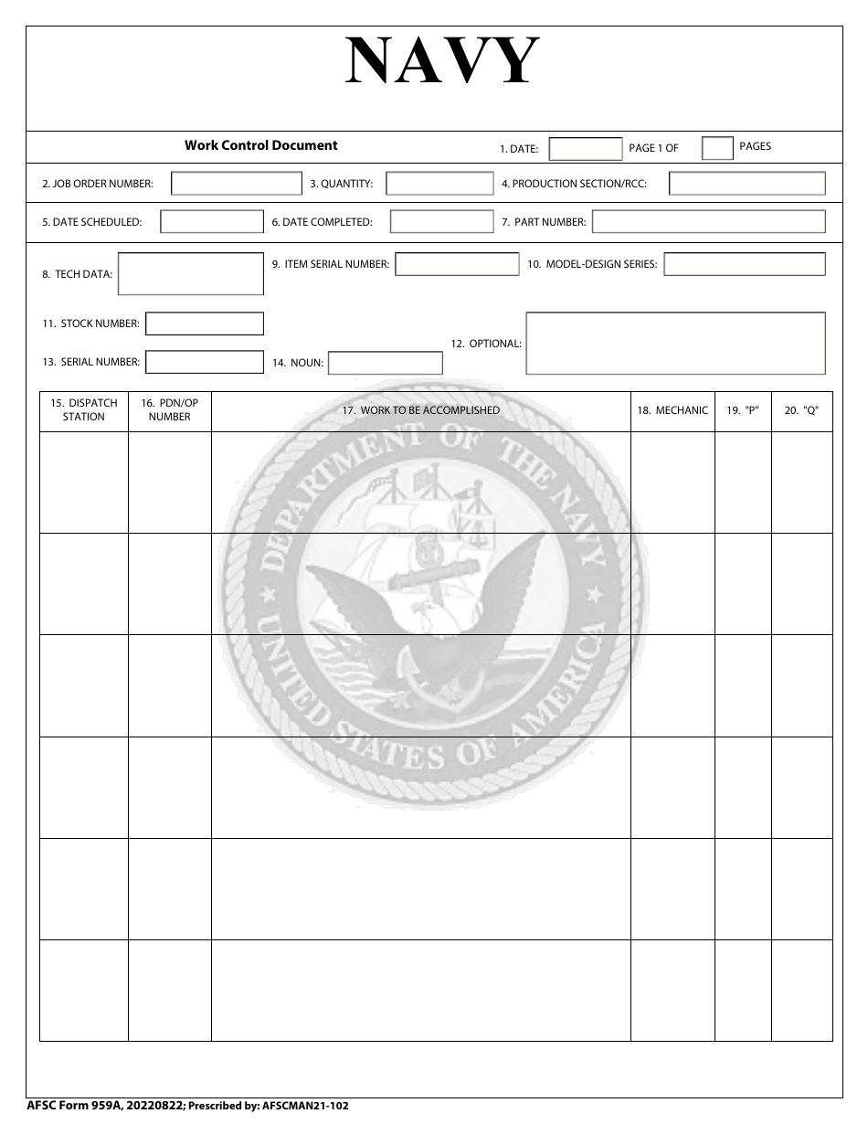 AFSC Form 959A Navy - Work Control Document, Page 1