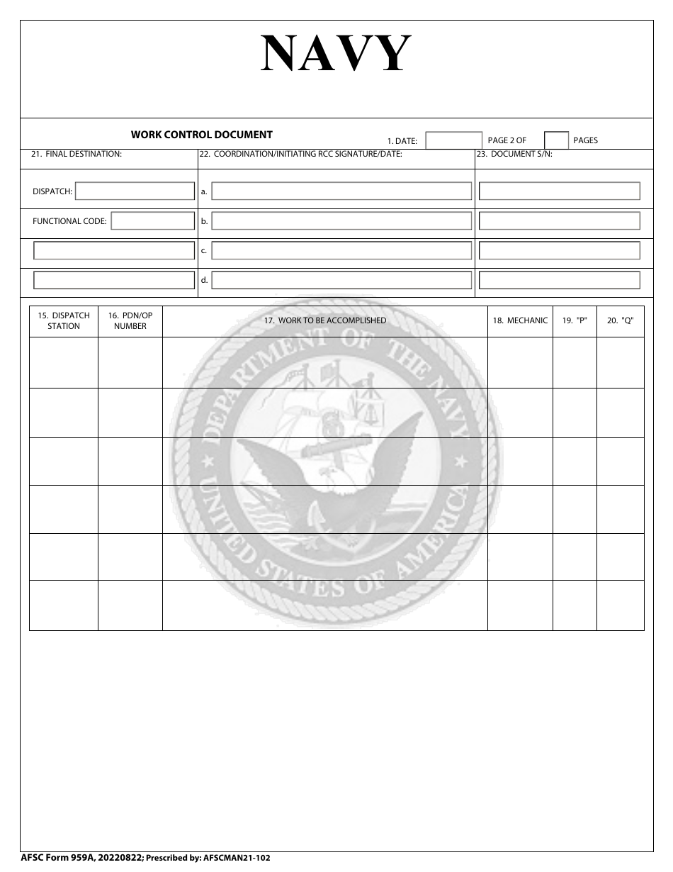 AFSC Form 959A Navy - Work Control Document, Page 2