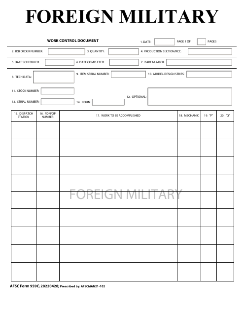 AFSC Form 959C Foreign Military - Work Control Document