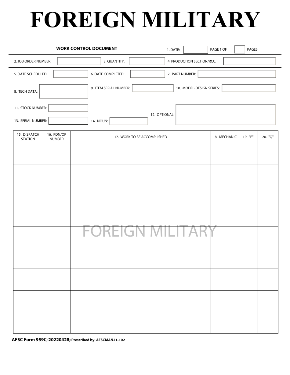 AFSC Form 959C Foreign Military - Work Control Document, Page 1