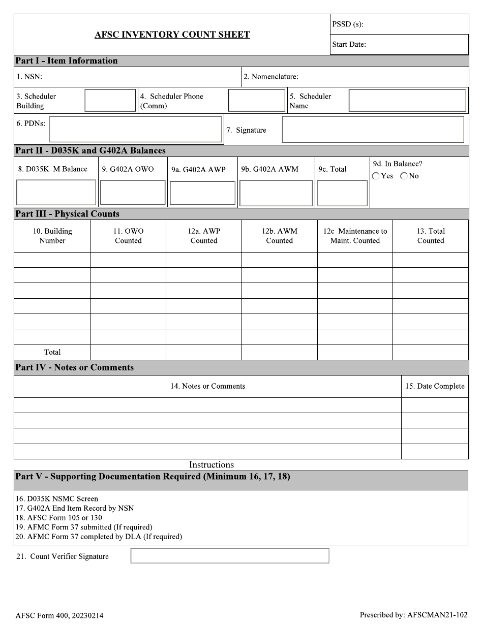 AFSC Form 400 AFSC Inventory Count Sheet, Page 1