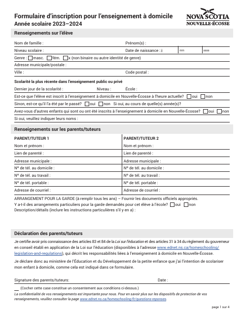 Formulaire D'inscription Pour L'enseignement a Domicile - Nova Scotia, Canada (French), 2024