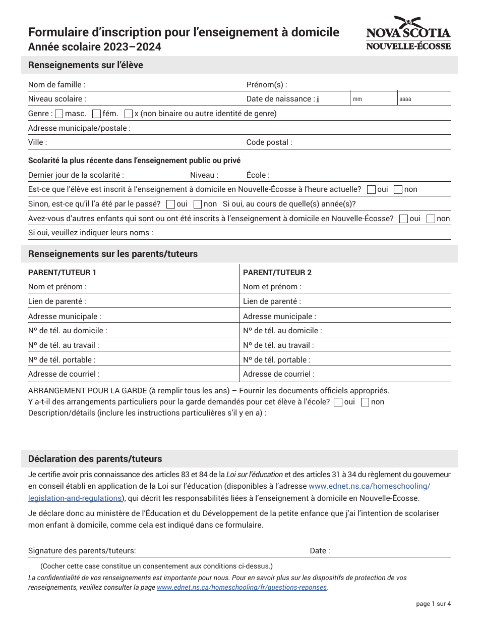 Formulaire Dinscription Pour Lenseignement a Domicile - Nova Scotia, Canada (French), Page 1