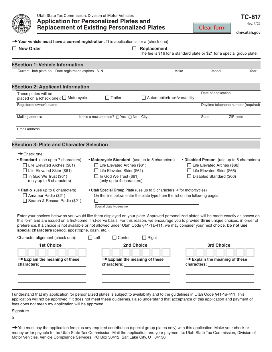 Form TC817 Download Fillable PDF or Fill Online Application for Personalized Plates and