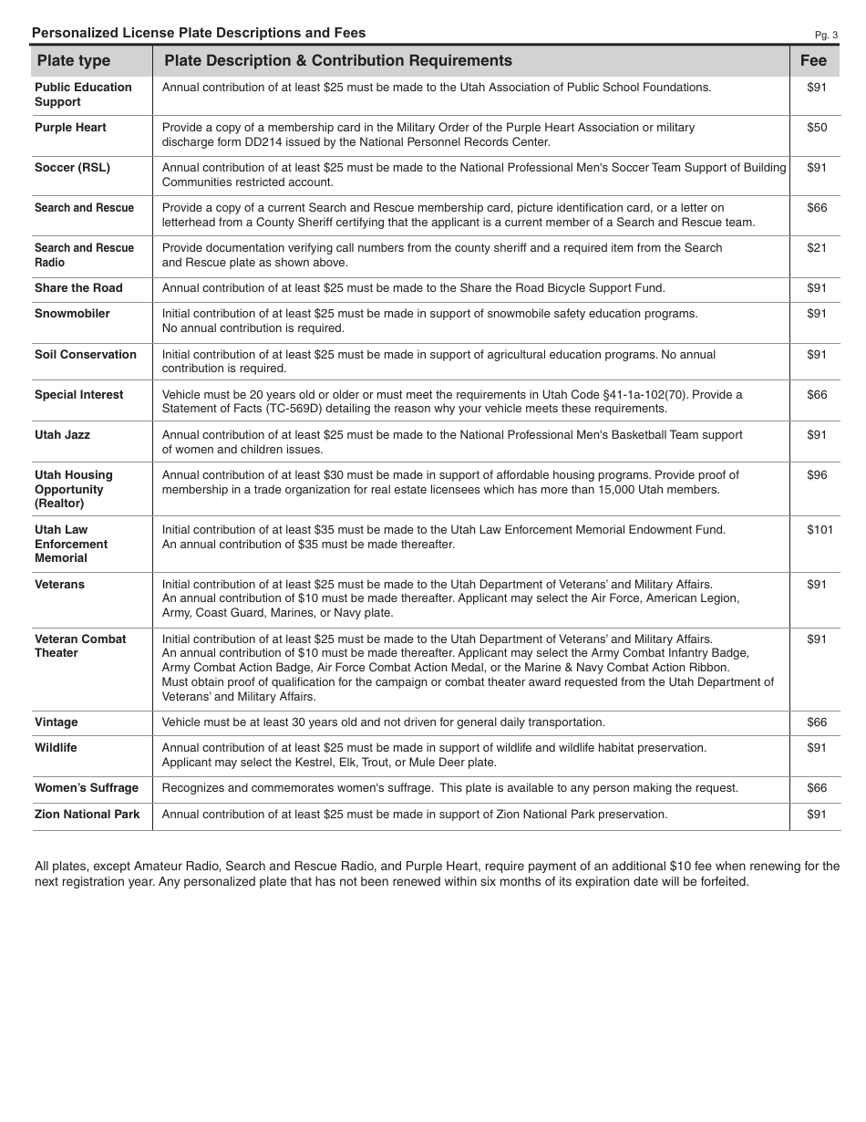 Form TC-817 Application for Personalized Plates and Replacement of Existing Personalized Plates - Utah, Page 3