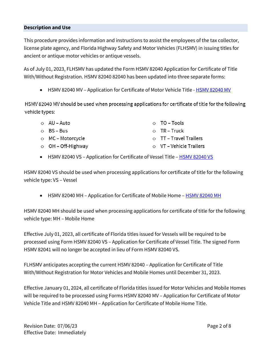 Form TL-72 Motor Vehicle Procedure Manual - Title and Lien - Ancient or Antique Motor Vehicles or Antique Vessels - Florida, Page 2