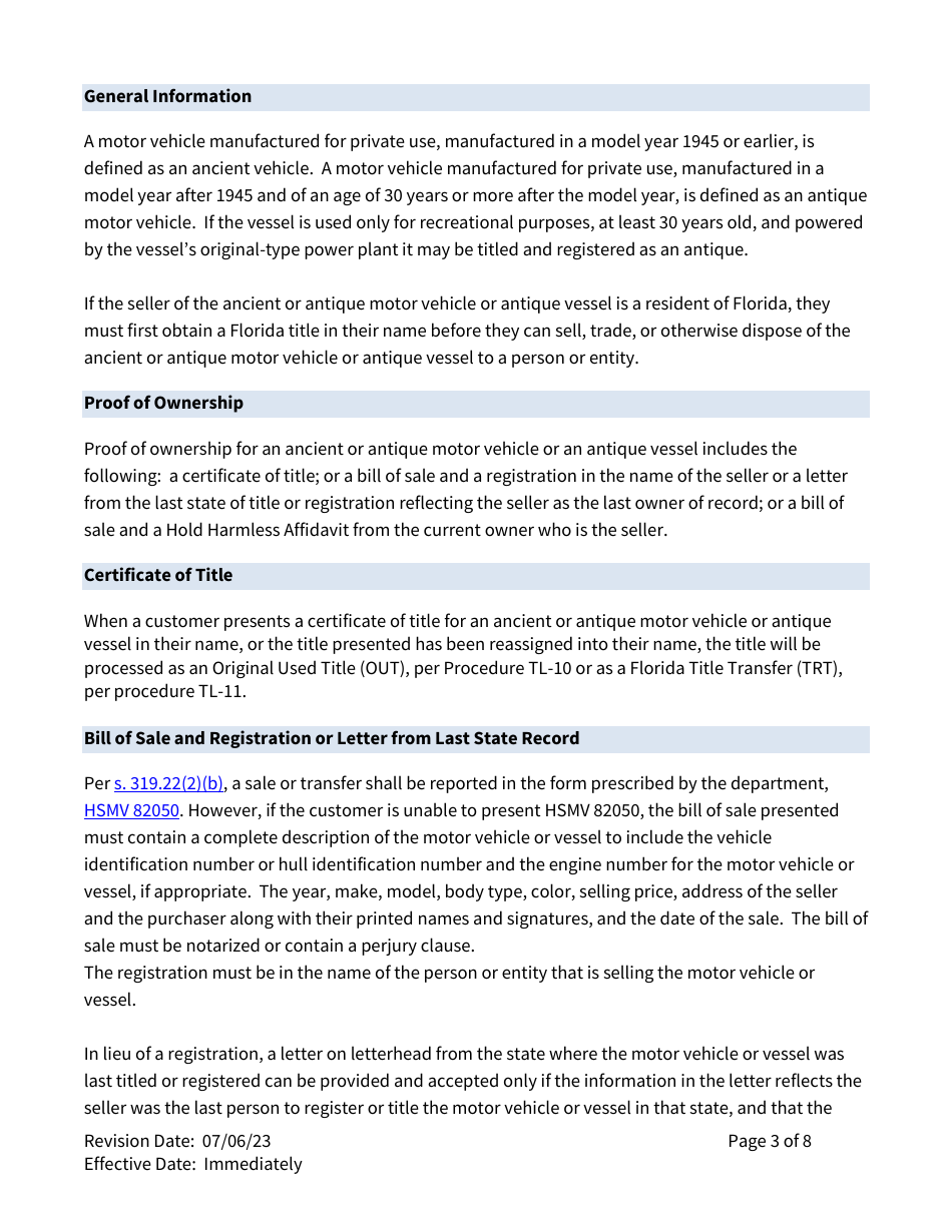 Form TL-72 Motor Vehicle Procedure Manual - Title and Lien - Ancient or Antique Motor Vehicles or Antique Vessels - Florida, Page 3