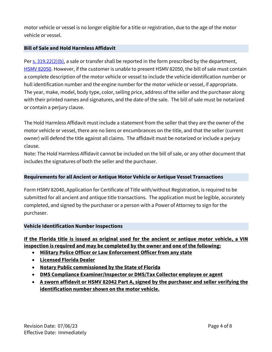 Form TL-72 Motor Vehicle Procedure Manual - Title and Lien - Ancient or Antique Motor Vehicles or Antique Vessels - Florida, Page 4