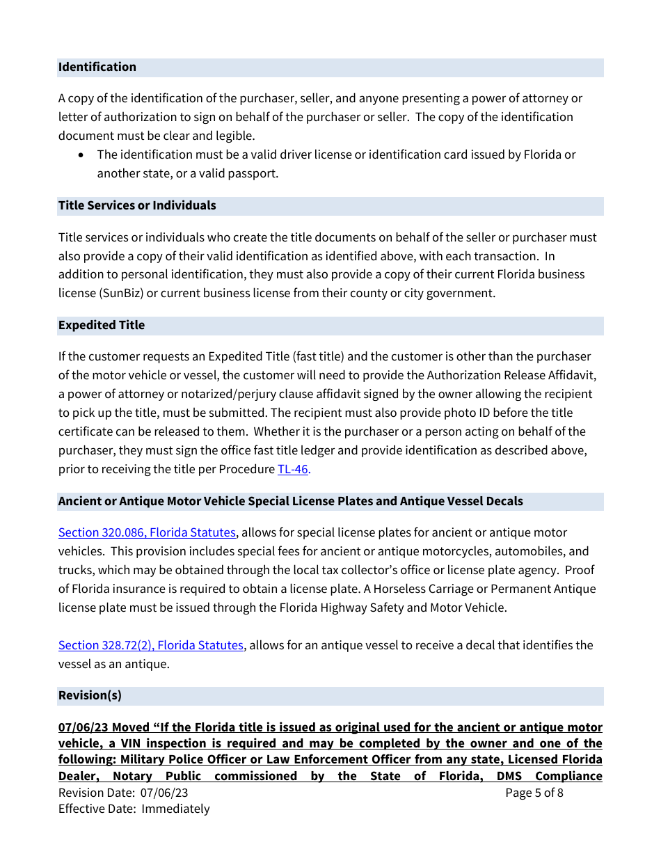 Form TL-72 Motor Vehicle Procedure Manual - Title and Lien - Ancient or Antique Motor Vehicles or Antique Vessels - Florida, Page 5