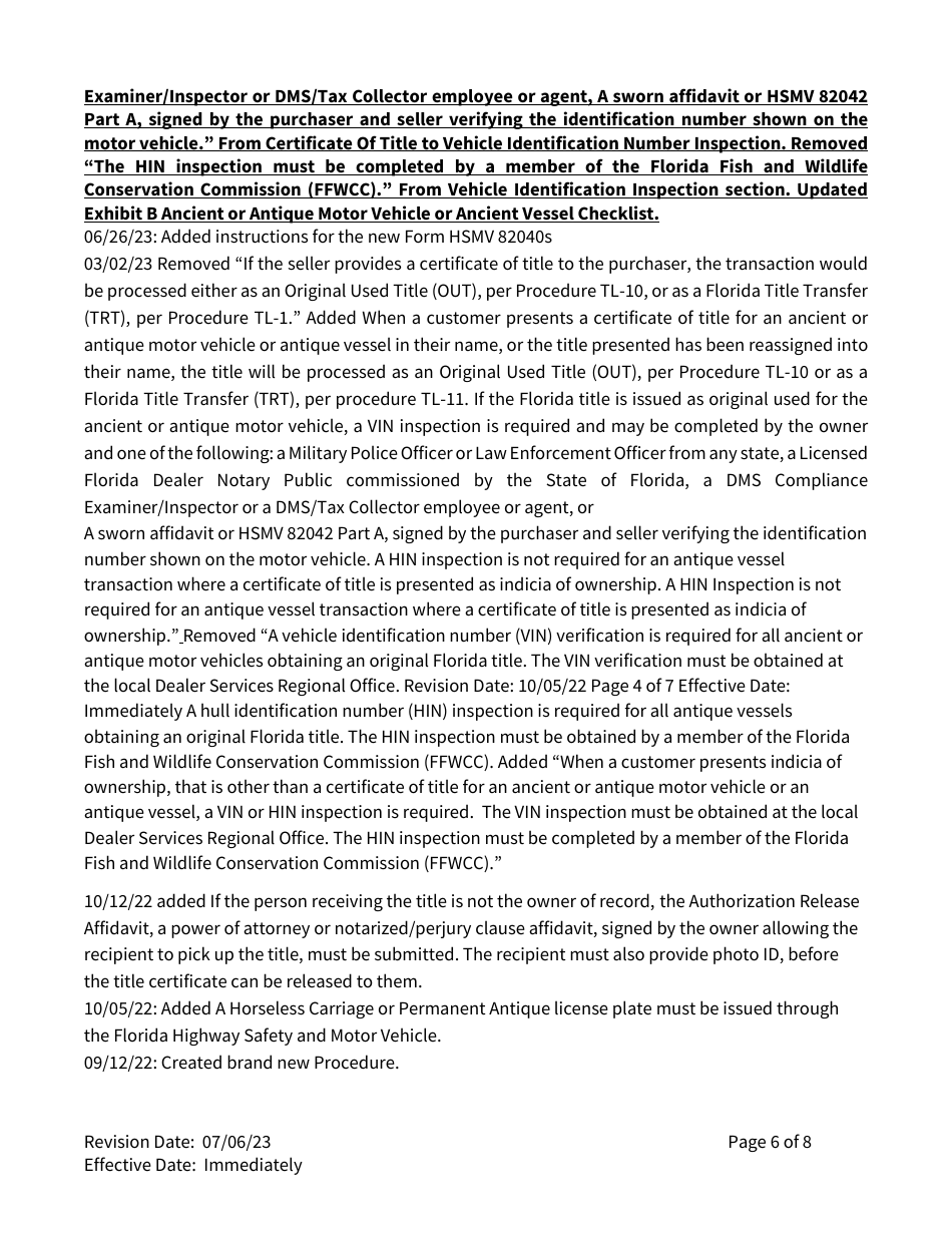 Form TL-72 Motor Vehicle Procedure Manual - Title and Lien - Ancient or Antique Motor Vehicles or Antique Vessels - Florida, Page 6
