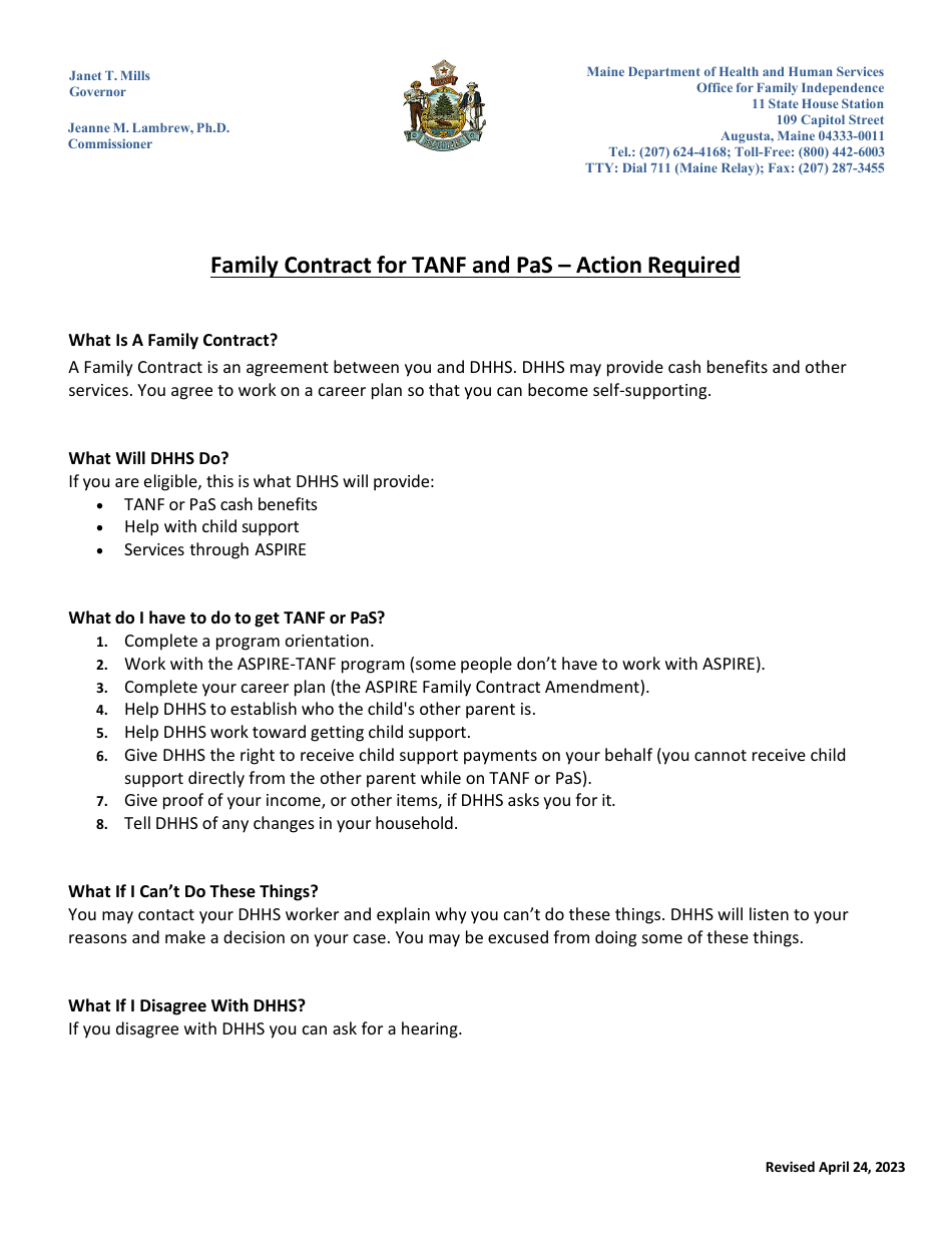 Maine Family Contract for TANF and Pas Action Required Fill Out