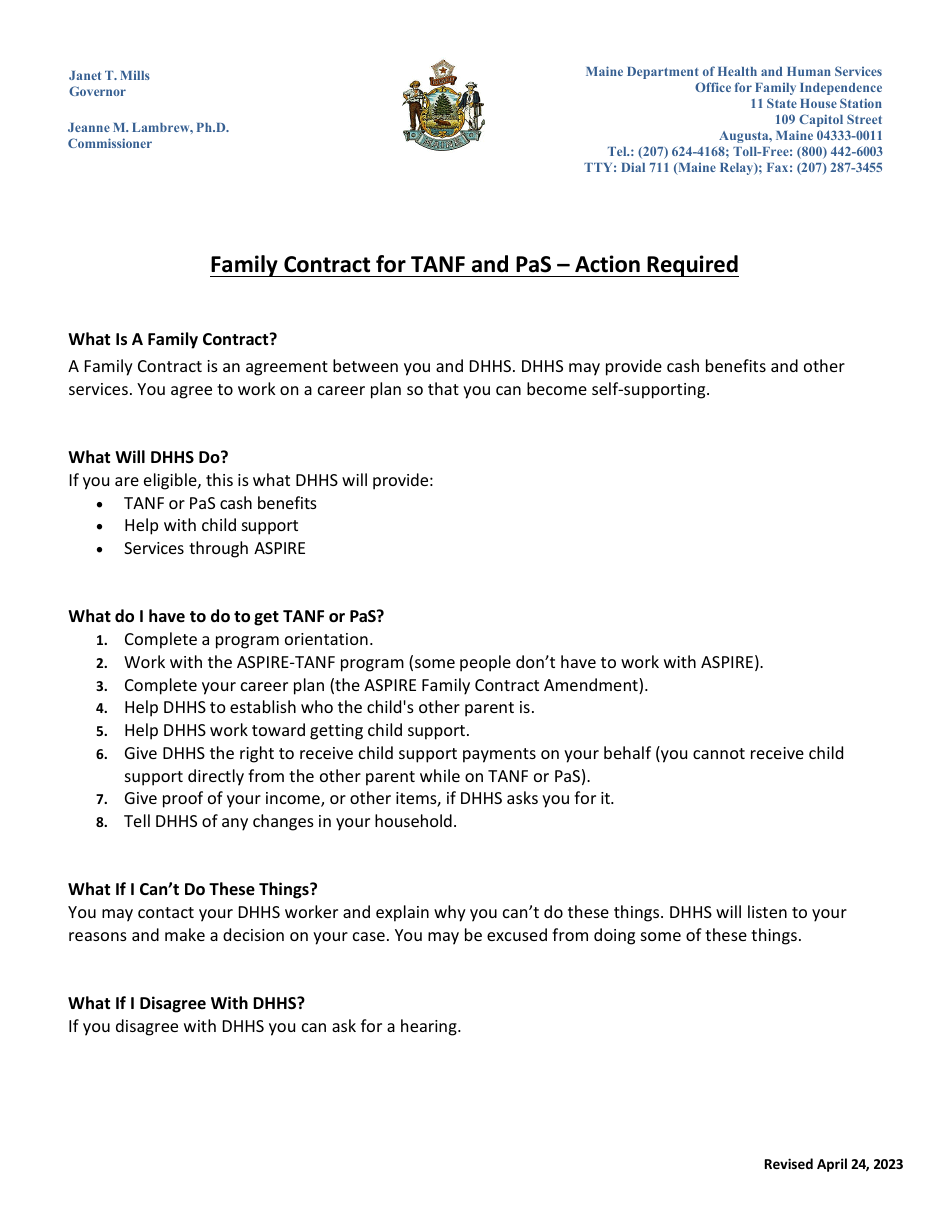 Family Contract for TANF and Pas - Action Required - Maine, Page 1