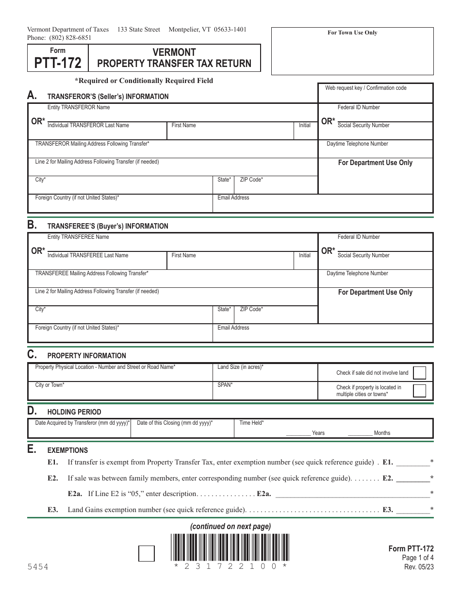 Form PTT-172 Vermont Property Transfer Tax Return - Vermont, Page 1