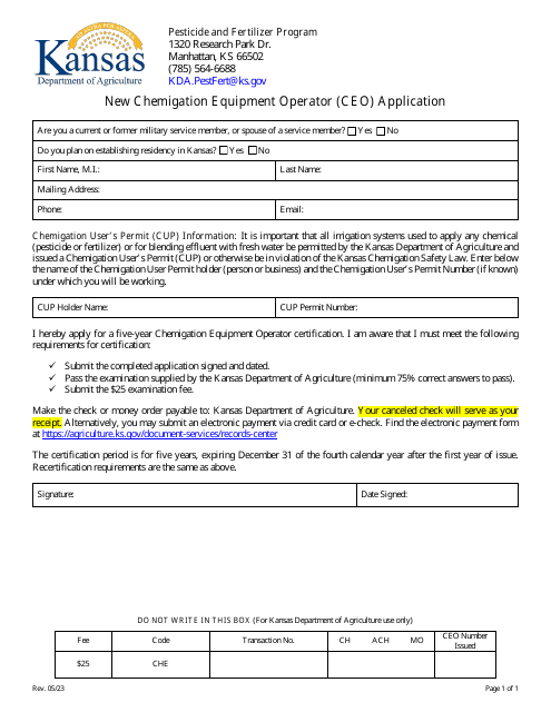 New Chemigation Equipment Operator (Ceo) Application - Kansas Download Pdf