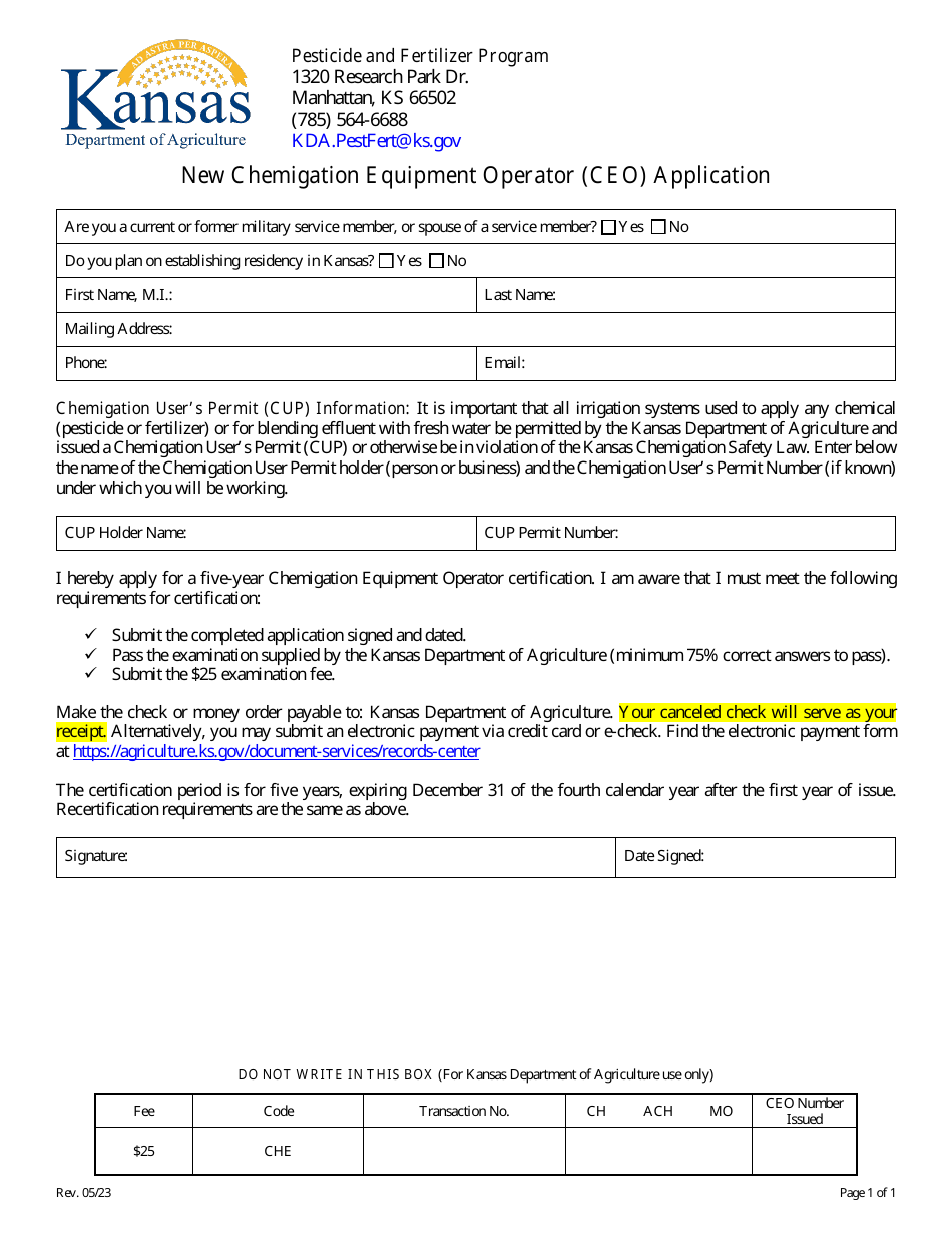 New Chemigation Equipment Operator (Ceo) Application - Kansas, Page 1