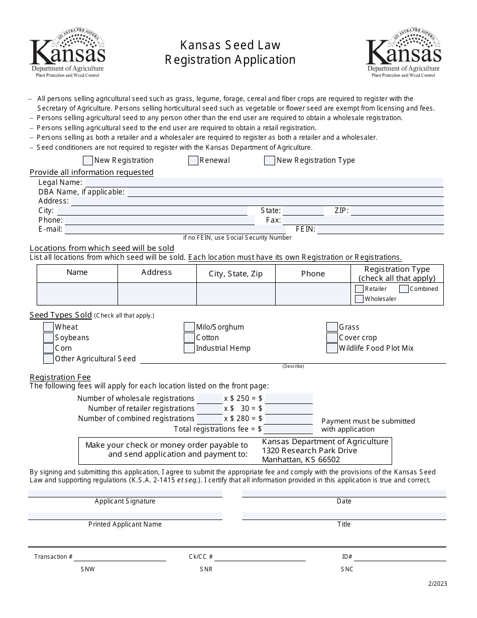 Kansas Seed Law Registration Application - Kansas, Page 1