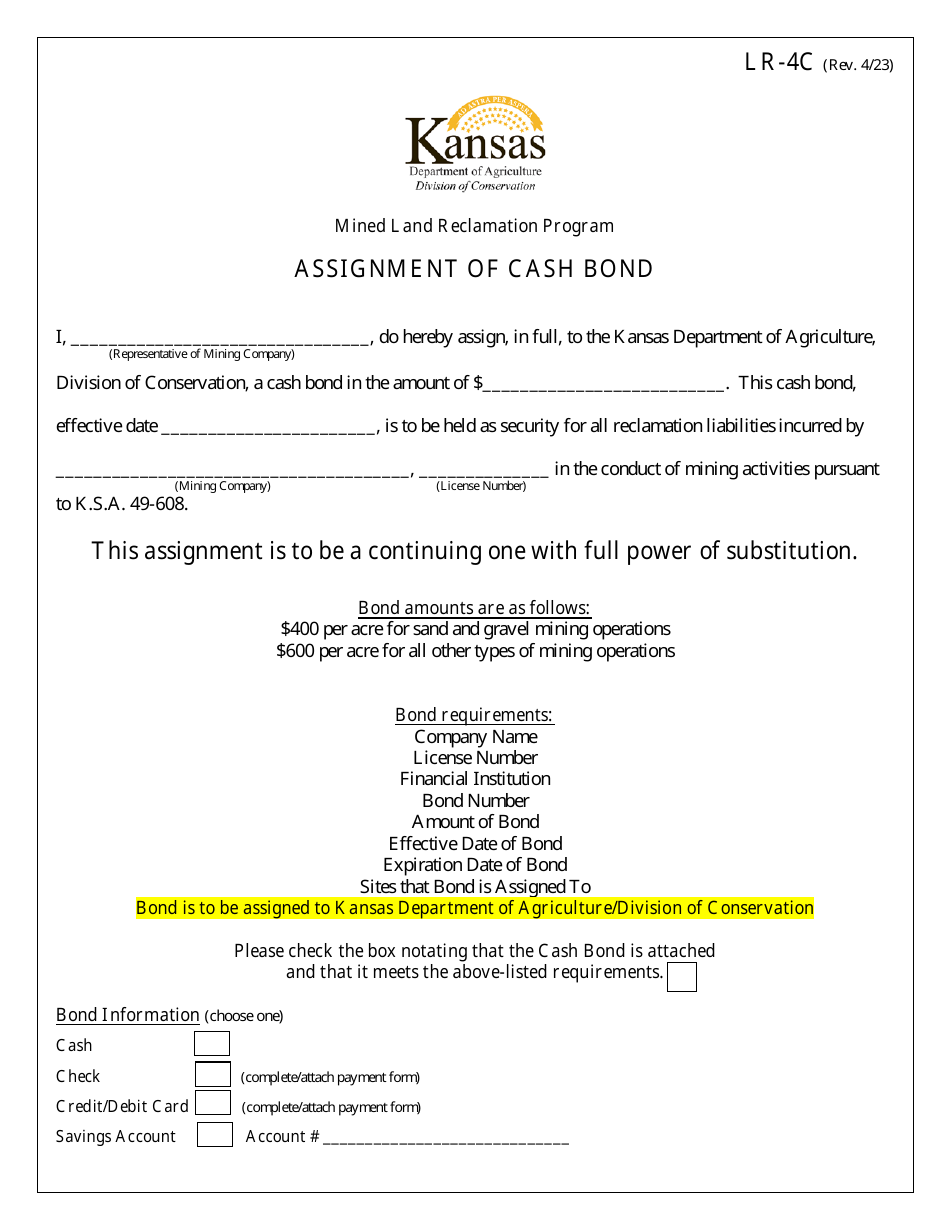 Form LR-4C Assignment of Cash Bond - Kansas, Page 1