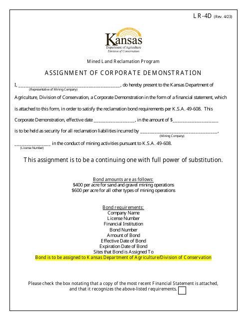 Form LR-4D Assignment of Corporate Demonstration - Mined Land Reclamation Program - Kansas