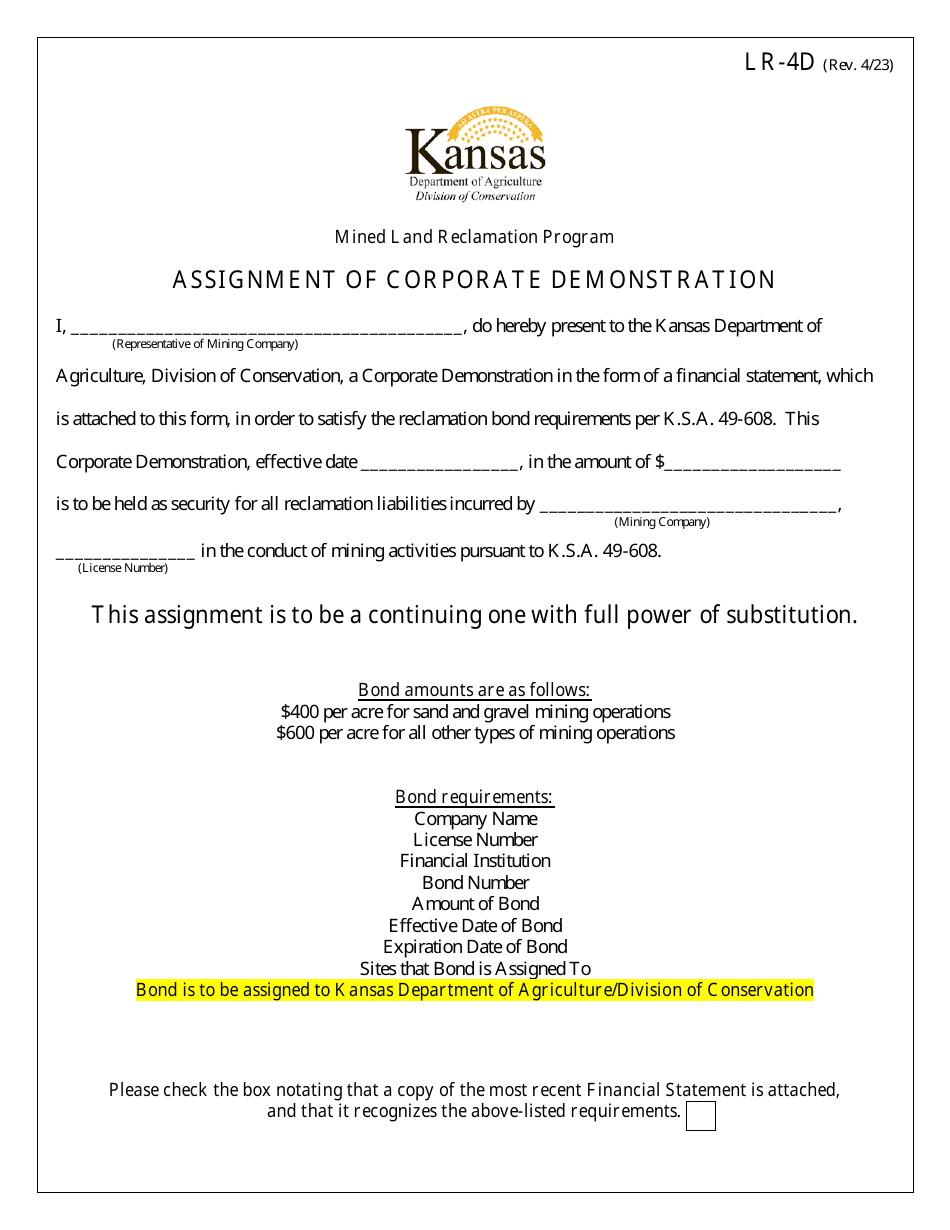 Form LR-4D Assignment of Corporate Demonstration - Mined Land Reclamation Program - Kansas, Page 1