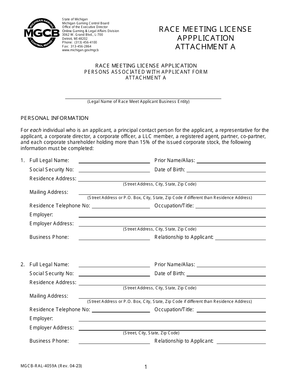 Form MGCB-RAL-4059A Attachment A Race Meeting License Application - Persons Associated With Applicant Form - Michigan, Page 1