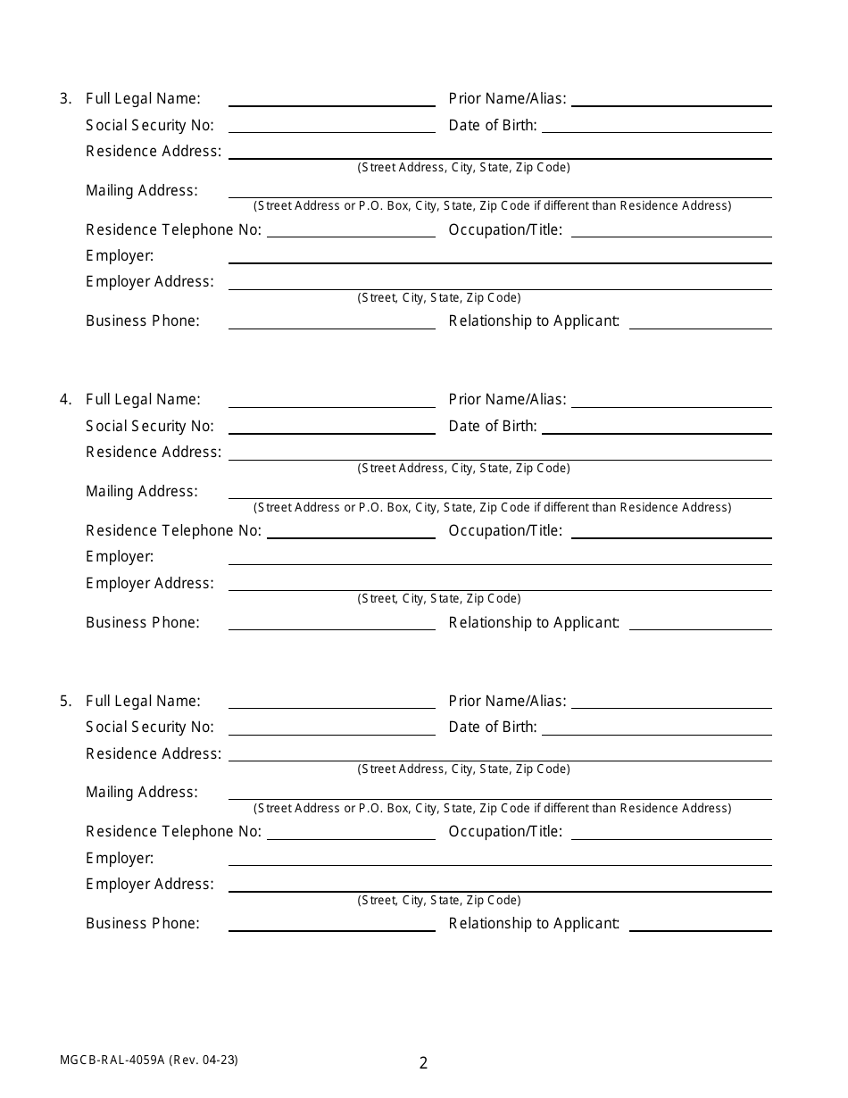 Form MGCB-RAL-4059A Attachment A Race Meeting License Application - Persons Associated With Applicant Form - Michigan, Page 2