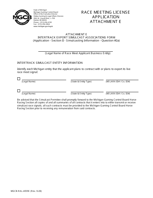 Form MGCB-RAL-4059E Attachment E Race Meeting License Appplication - Intertrack Export Simulcast Associations Form - Michigan