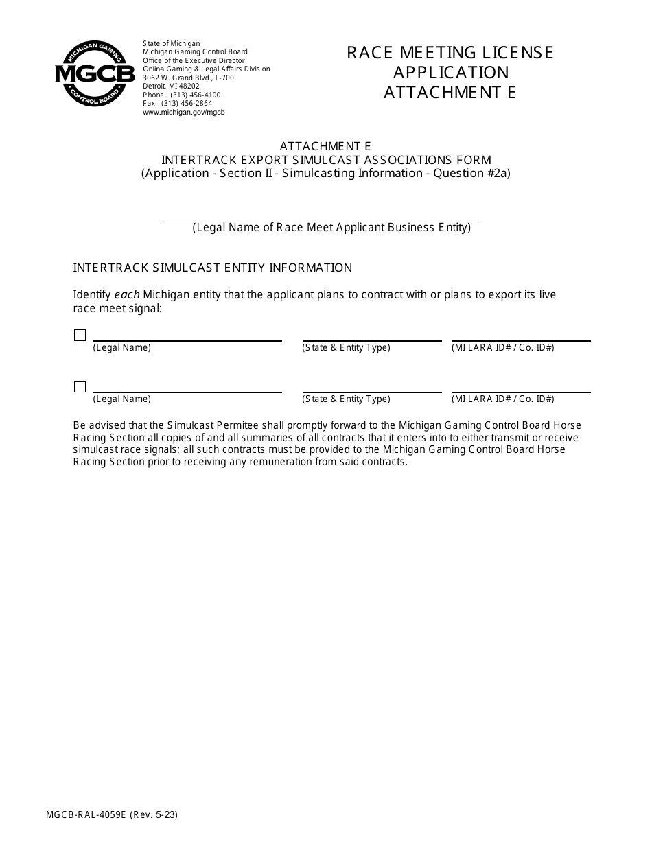 Form MGCB-RAL-4059E Attachment E Race Meeting License Appplication - Intertrack Export Simulcast Associations Form - Michigan, Page 1