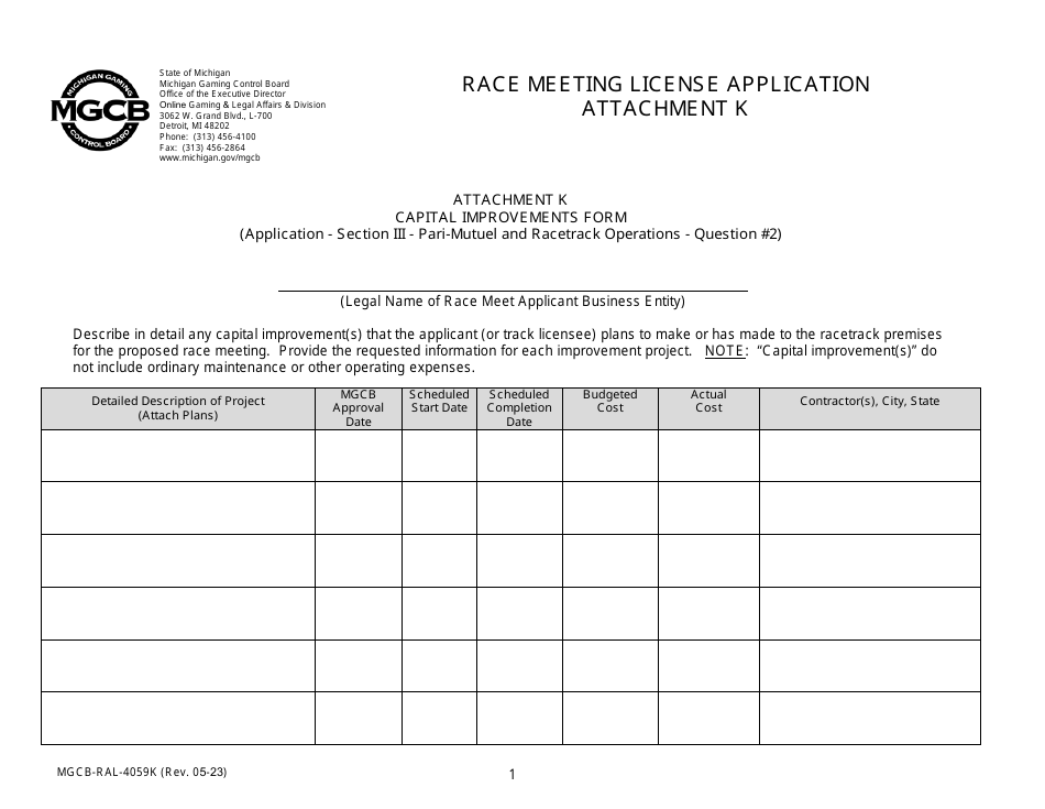 Form MGCB-RAL-4059K Attachment K Race Meeting License Application - Capital Improvements Form - Michigan, Page 1