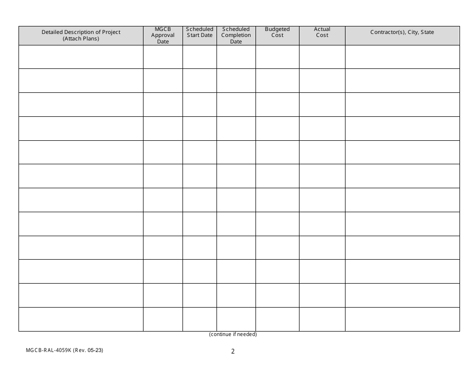 Form MGCB-RAL-4059K Attachment K Race Meeting License Application - Capital Improvements Form - Michigan, Page 2