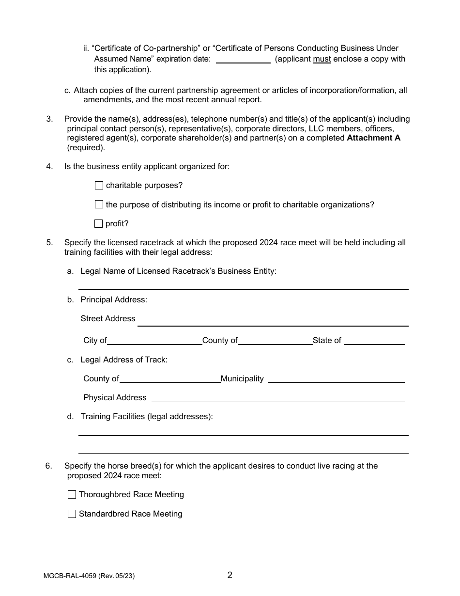 Form MGCB-RAL-4059 Application for Race Meet License - Michigan, Page 2