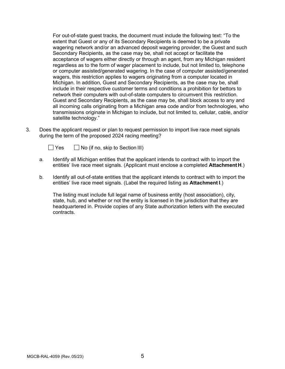 Form MGCB-RAL-4059 Application for Race Meet License - Michigan, Page 5