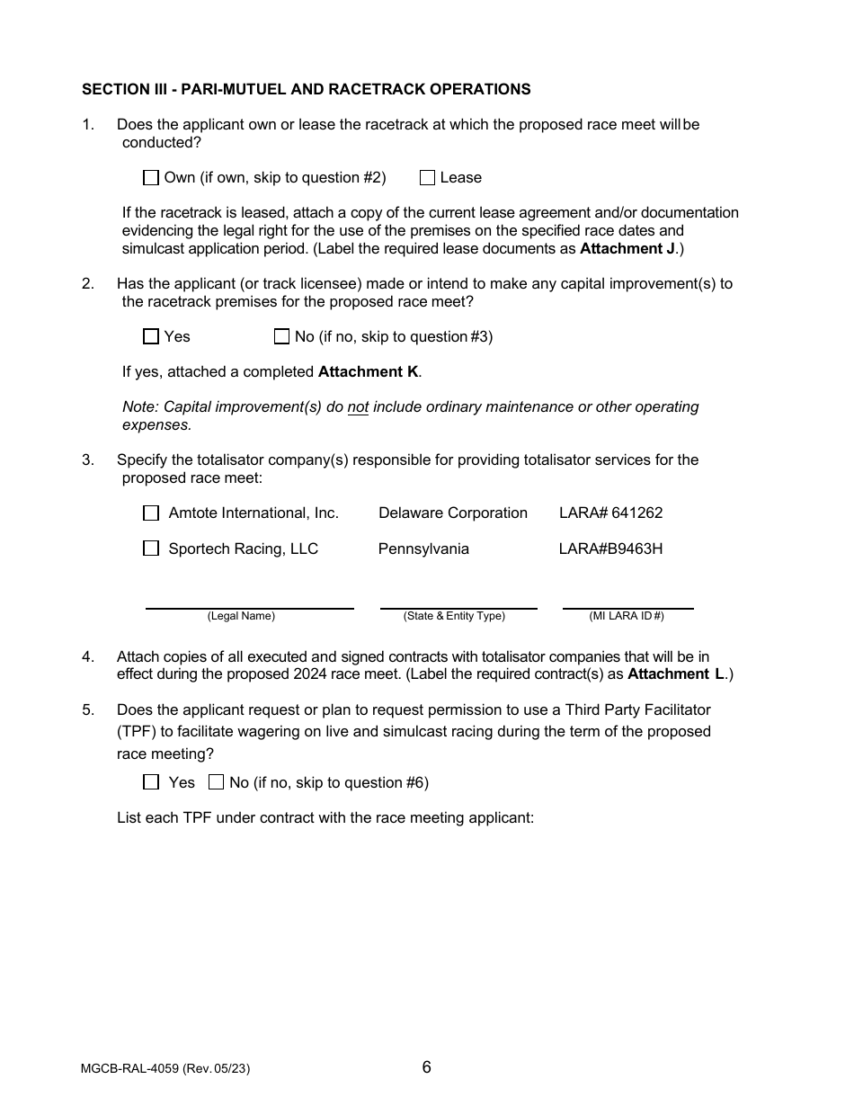 Form MGCB-RAL-4059 Application for Race Meet License - Michigan, Page 6