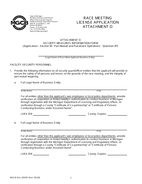 Form MGCB-RAL-4059O Attachment O Race Meeting License Application - Security Measures Information Form - Michigan