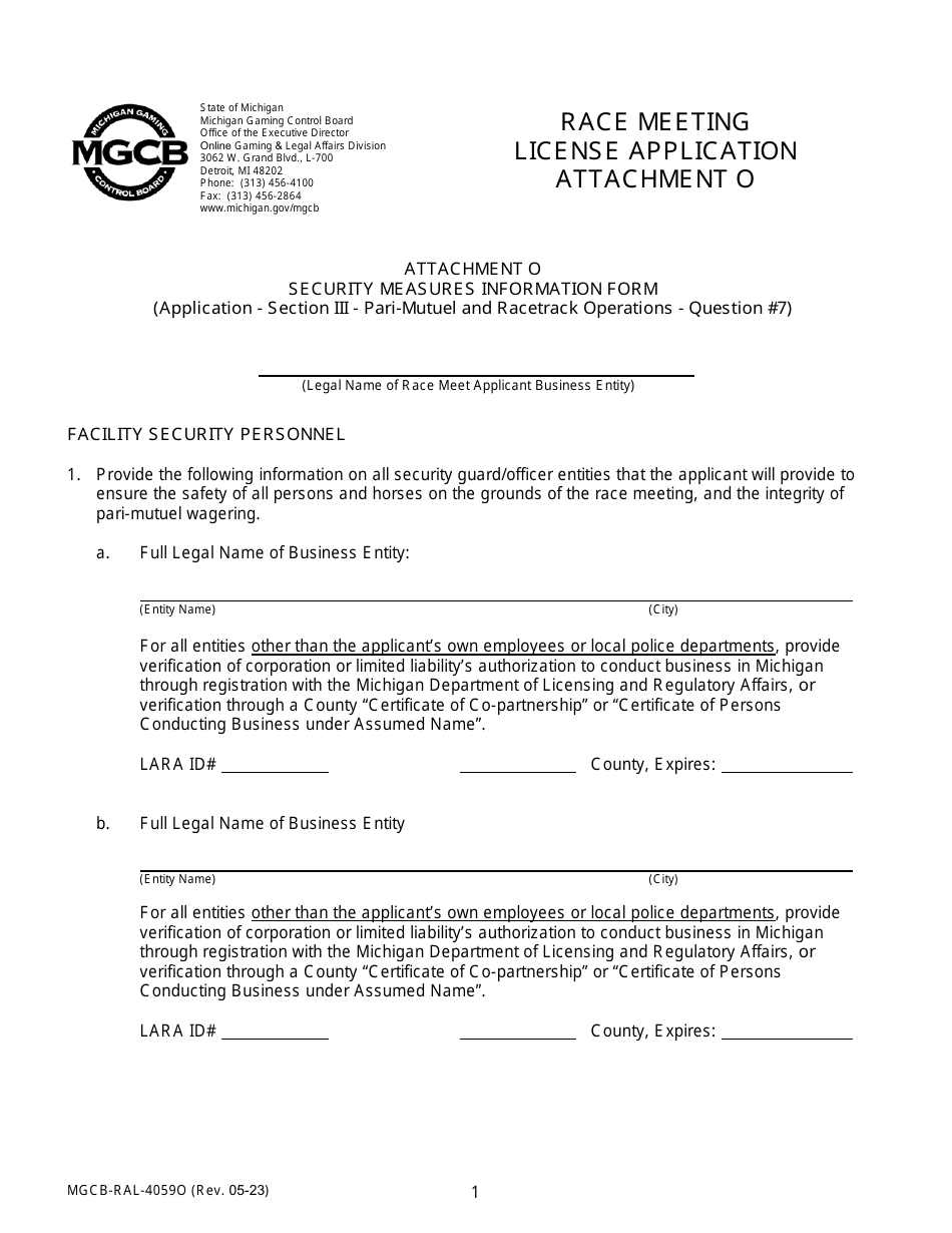 Form MGCB-RAL-4059O Attachment O Race Meeting License Application - Security Measures Information Form - Michigan, Page 1