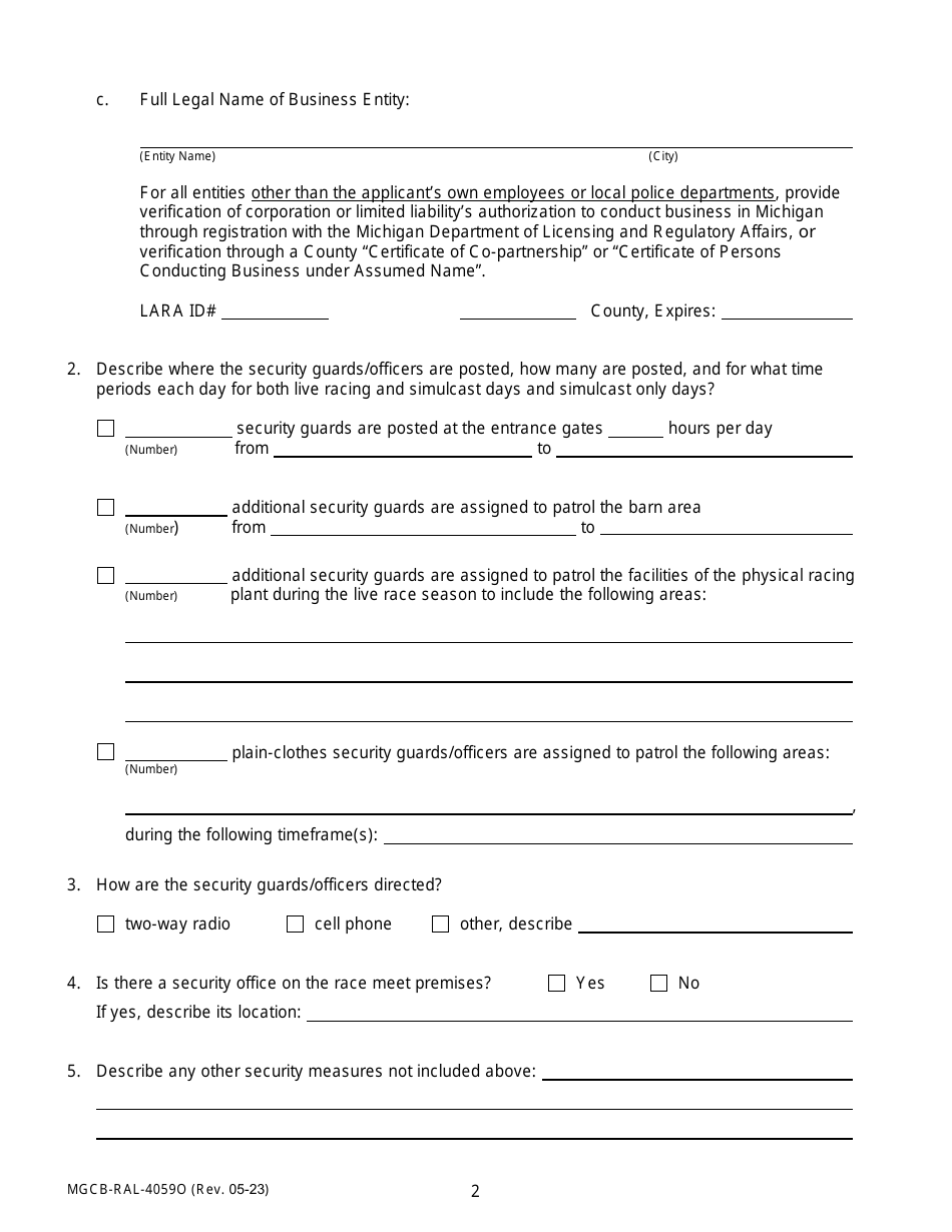 Form MGCB-RAL-4059O Attachment O Race Meeting License Application - Security Measures Information Form - Michigan, Page 2